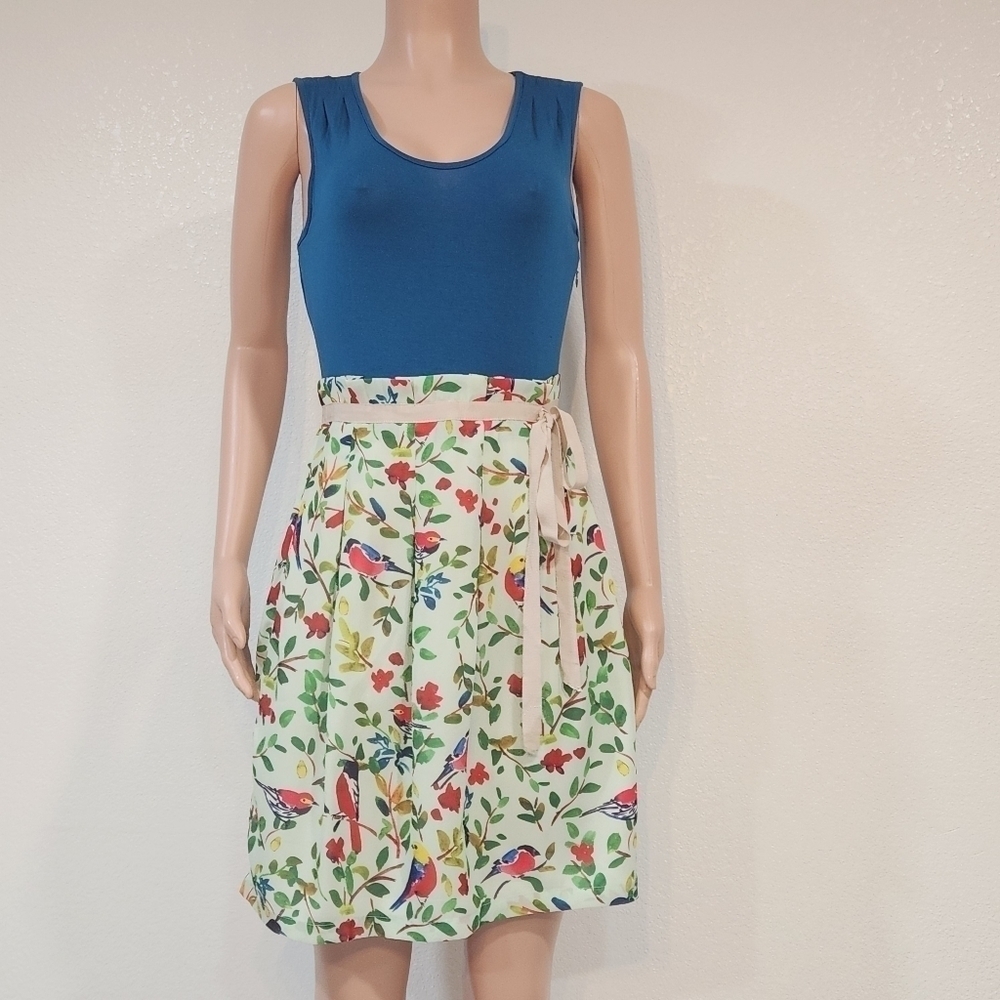PINK Martini Dress Turquoise Top With Green Bird Design Bottom Gorgeous Size S